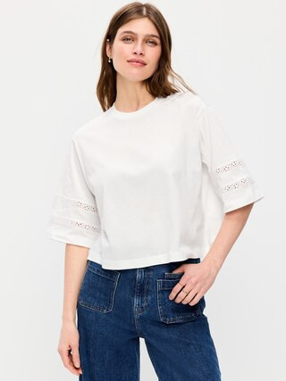 Vintage Crew-Neck Cropped Lace-Trim T-Shirt | Old Navy (US)