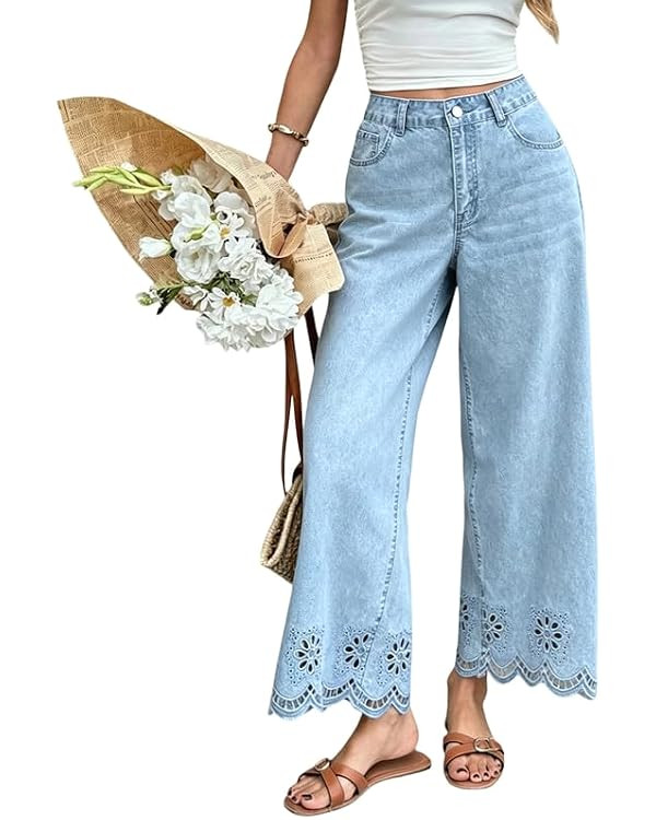 CHARTOU Women Eyelet Embroidered Wide Leg Jeans High Waist Scalloped Straight Cropped Denim Pants... | Amazon (US)