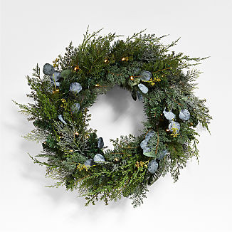 Pre-Lit LED Pine and Eucalyptus Wreath 28" | Crate & Barrel | Crate & Barrel