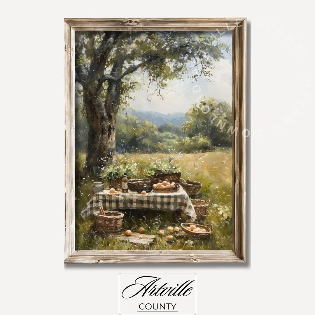 Printable Countryside Picnic Oil Painting, Cottagecore Digital Art Print, Farmhouse Wall Art, Nat... | Etsy (US)
