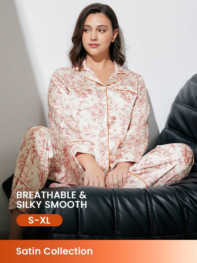 LUVLETTE Floral Pattern Satin Long Women Pajama Sets Lounge Sets | SHEIN