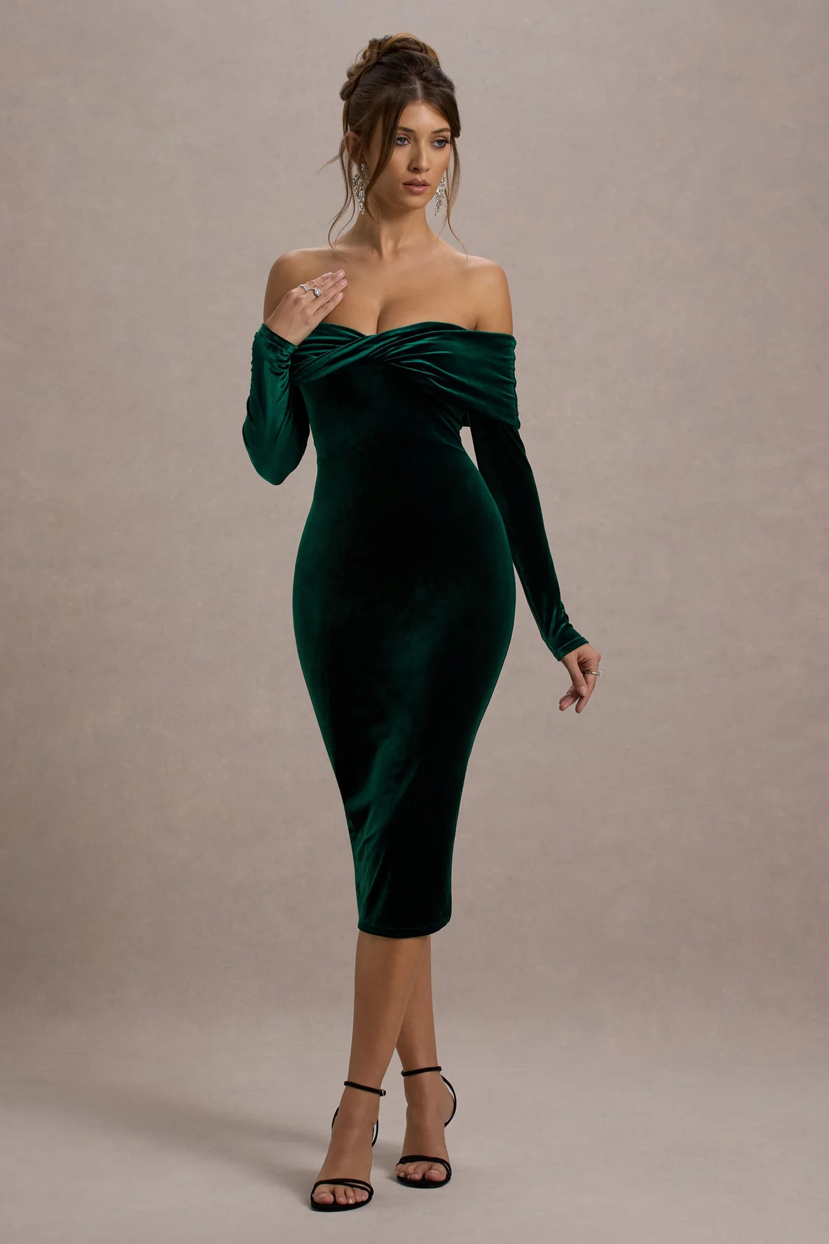 Compliment | Bottle Green Velvet Bardot Midi Dress | Club L London