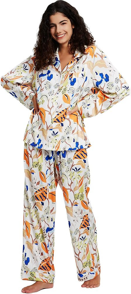 Womens Silk Satin Pajamas Set Button Down 2 Piece Pjs Long Sleeve Oversized Sleepwear with Pocket... | Amazon (US)