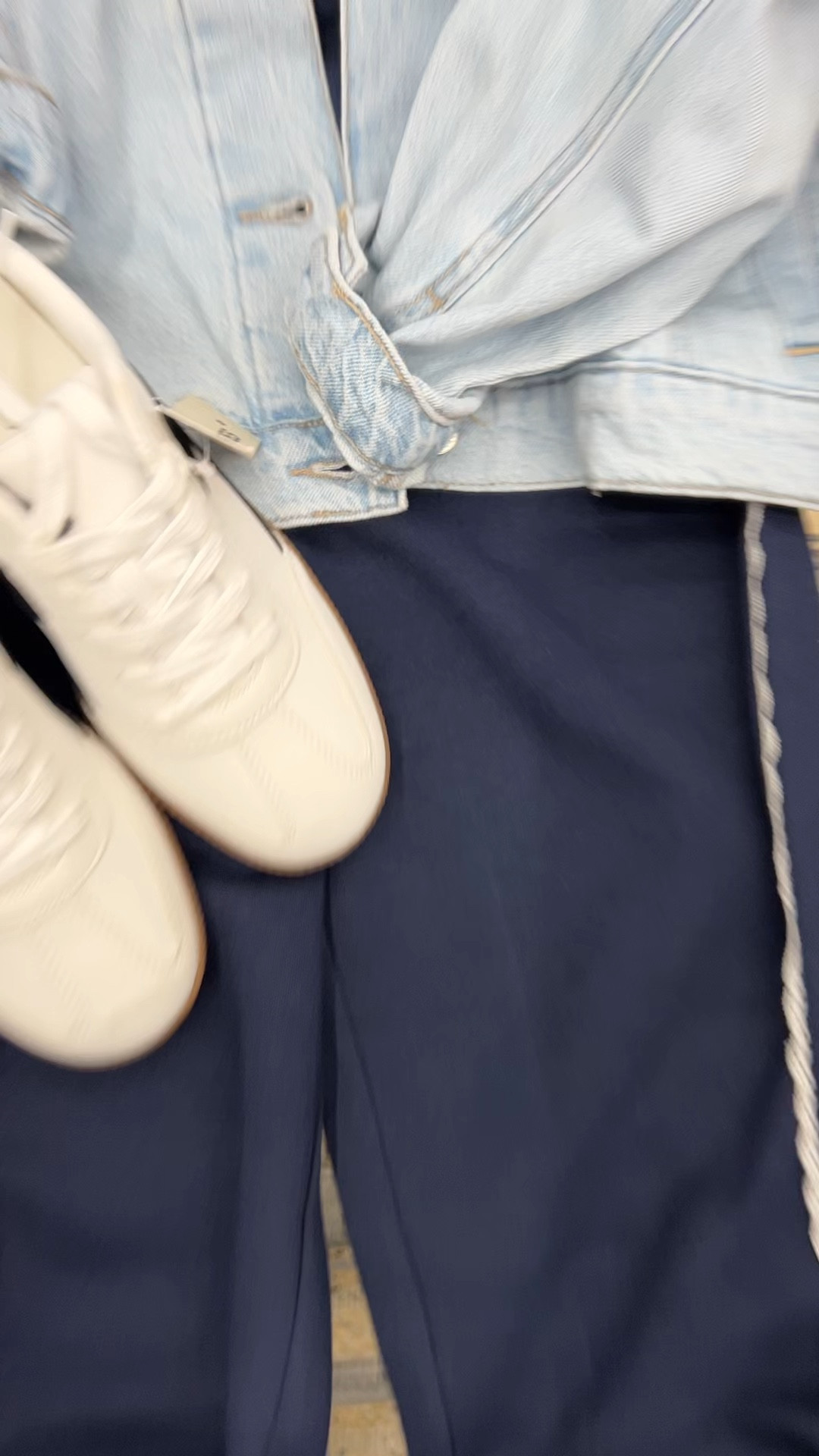 Walmart outfit idea with this $25 Jean jacket, $7 cotton tee and $15 wide leg fleece track pants with lace trim. I went up one size to medium in the jacket for a relaxed fit (even though it’s called an oversized jacket). And track pants and tee fit tts, I got a small. 