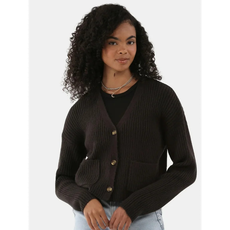 No Boundaries Button Front Ribbed Cardigan Sweater, Midweight, Women’s | Walmart (US)