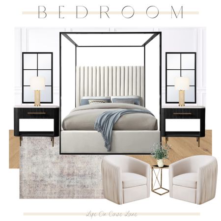 Bedroom moodboard, upholstered bed, designer furniture, the look for less, transitional decor, faux olive tree, RH dupe, wayfair bed, contemporary rug, Arhaus nightlight, Finley nightstand, swivel chairs, shagreen lamp Dupe, four poster bed 

#LTKhome
