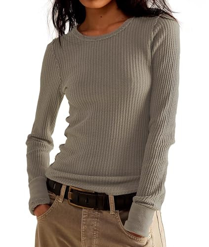 Free People Inspired Womens Waffle Knit Tops Long Sleeve Shirtsted Pullover Crew Neck Shirt Fall Winter Tops Khaki L | Amazon (US)