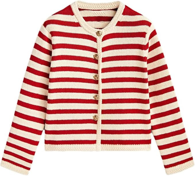 Women's Slim-Fit Buckle Classic Striped Cardigan Simple Sweater Coat Tops | Amazon (US)