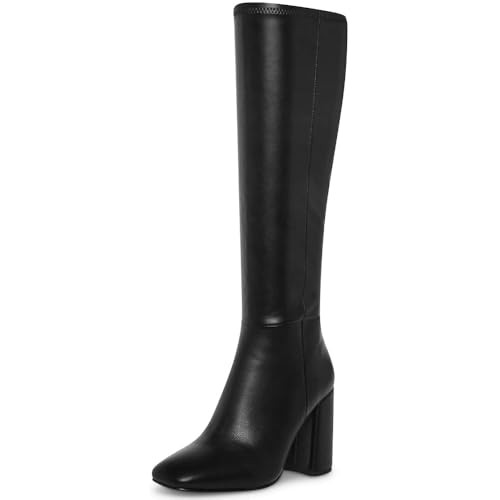 HEIFIN Black Knee High Boots for Women Faux Leather Tall Boots Chunky High Heel Square Toe Long Boots | Amazon (US)