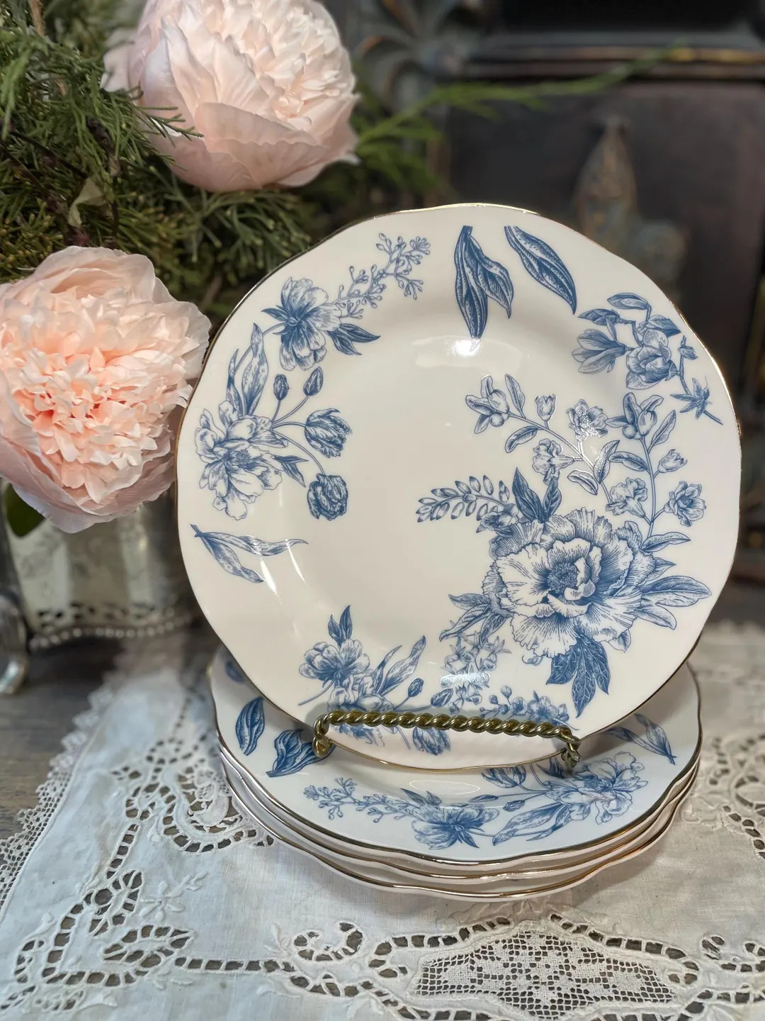 Medici White Blue Floral Toile Ceramic Salad Plates French Country Cottage Table Decor - Etsy | Etsy (US)