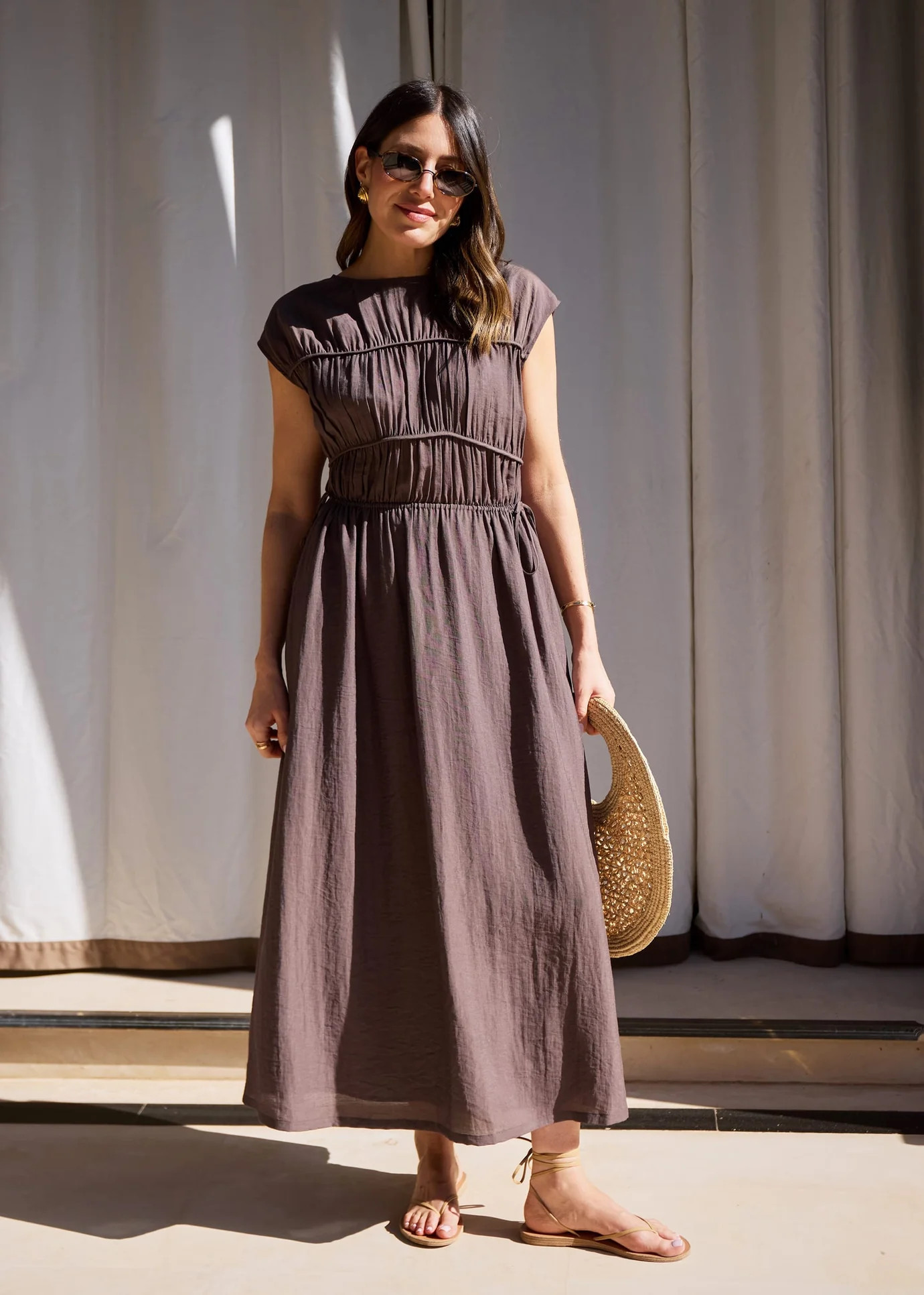 TWO-WAY RUCHED MIDI DRESS - MOCHA | WAT The Brand