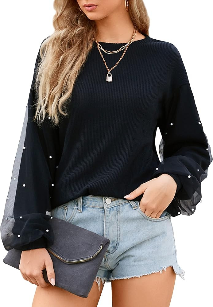 Blooming Jelly Womens Crewneck Lantern Long Sleeve Sweaters with Pearls Knit Trendy Fall Pullover... | Amazon (US)