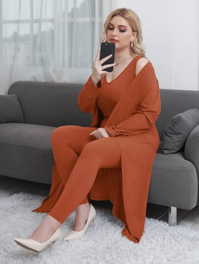 Plus Open Front Coat & Tank Top & Leggings | SHEIN