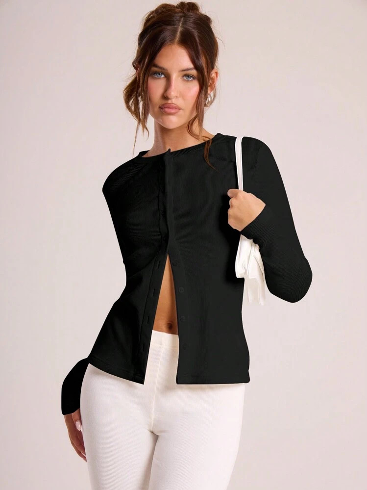 MUSERA Ribbed Button Through Long Sleeve Crew Neck Top | SHEIN