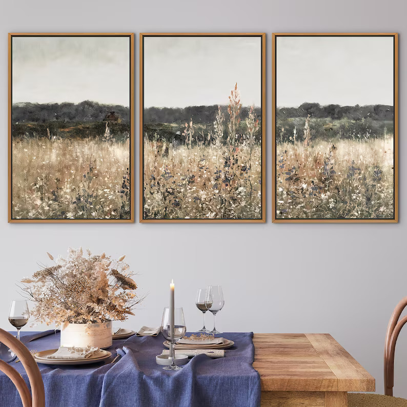 Set of Three Wildflower Field Landscape Oil Painting Large Wall Art Print, Framed Canvas Nature W... | Etsy (US)