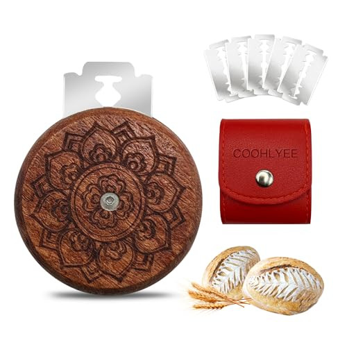 COOHLYEE UFO Wooden Bread Lame Slashing Tool, Dough Scoring Knife with 5 Razor Blades and Storage Cover,Sourdough Bread Scoring Tool for Homemade (Lotus patterns) | Amazon (US)