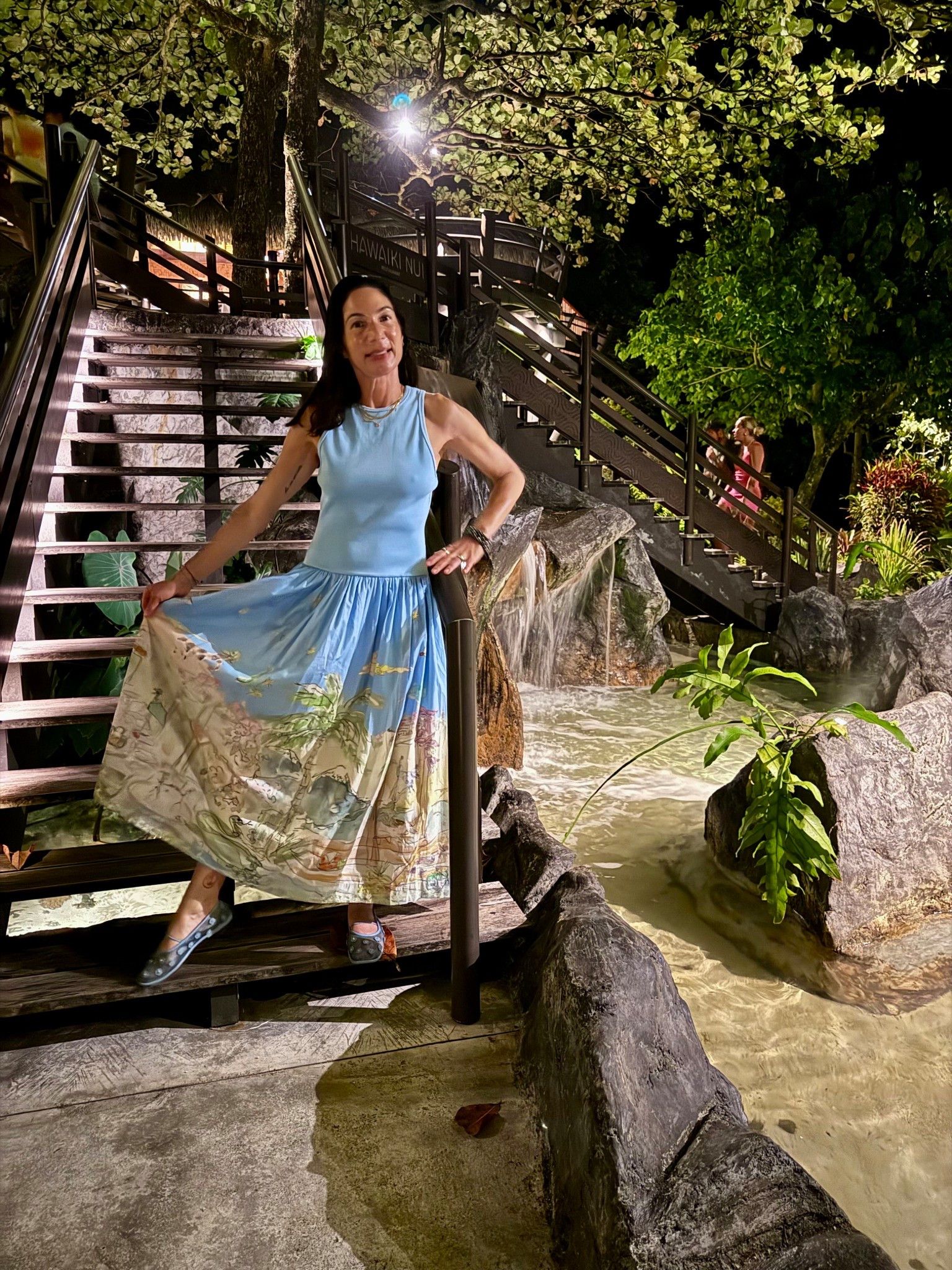 Dining  in this Alemais blue dress with a tube tank top and full skirt bottom. The skirt is printed with beach and mountain scenes similar to where I’m vacationing. Another perfect tropical dress! 
Perfectly matching shoes are blue mesh by Coach 💙

#LTKTravel #LTKSeasonal #LTKStyleTip