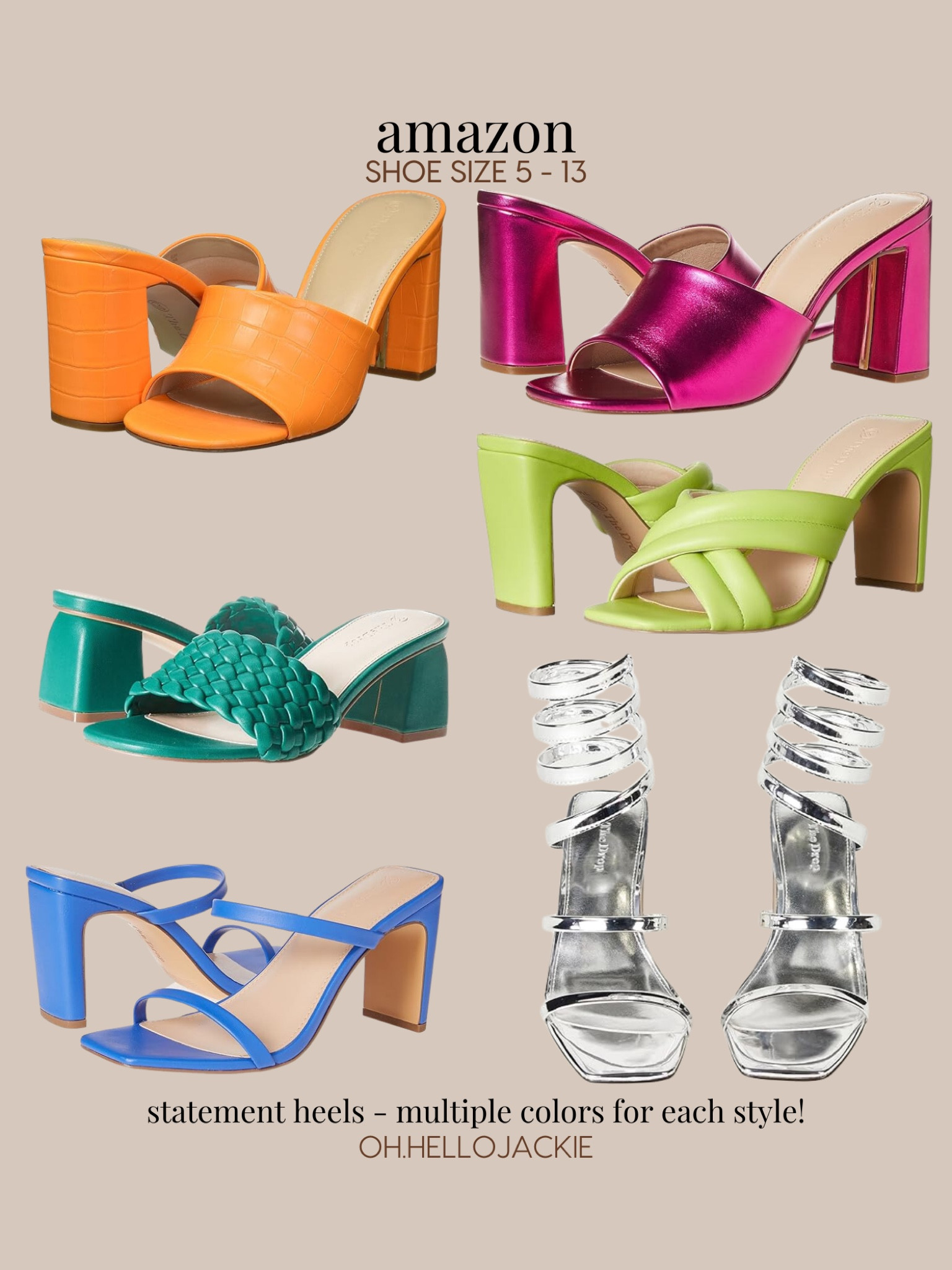 Affordable AMAZON finds! Shoes in sizes 5-13 (finally some cute options for us 10, 11, 12, 13 shoe sizes girlies!)

Colorful statement heels for a night out, a pop of color for your cute brunch outfit, or even start early on that Halloween costume!

Orange mule open toe with wide block heel, metallic pink heel, medium high teal green heel, lime green criss cross wide heel, strappy blue blue slim wide heel, silver metallic futuristic wrapped ankle heel

#LTKShoeCrush #LTKSaleAlert #LTKFindsUnder50