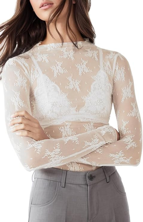 KTILG Womens Mesh Long Sleeve Top Sheer Blouse Sexy See Through Tee Shirt Lace Tops S-XXL | Amazon (US)