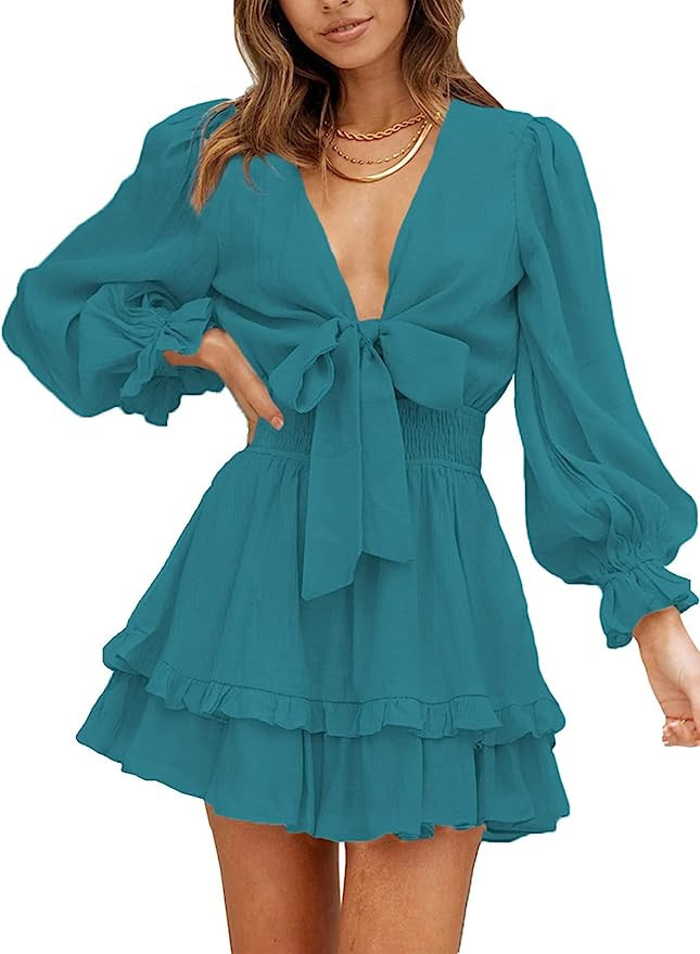 AlvaQ Womens Spring Summer Knot Front V Neck Ruffles Long Sleeve Floral Print Swing Mini Dress | Amazon (US)