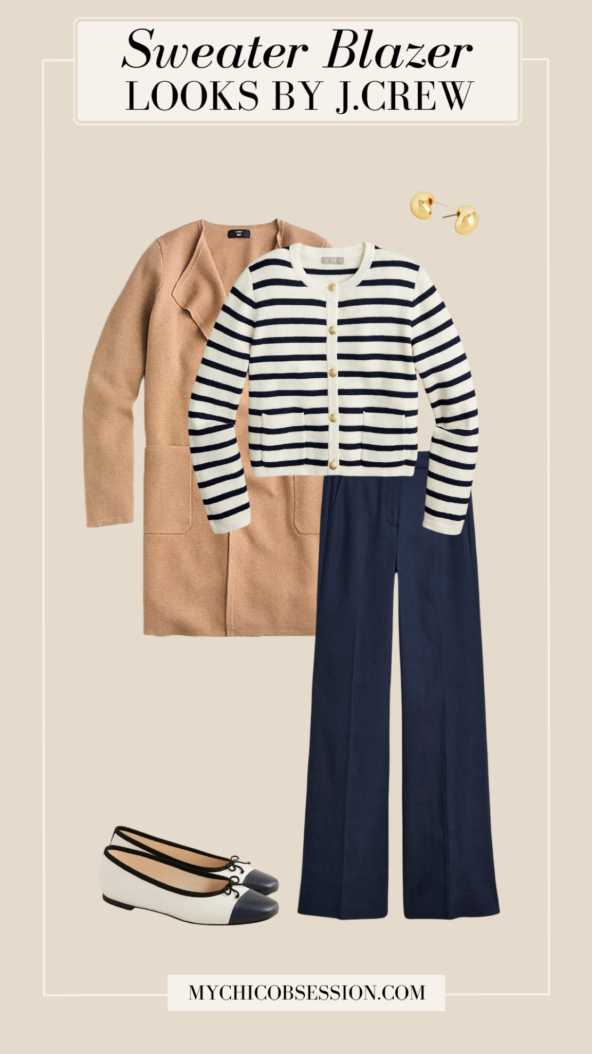 Start your classic fall outfit with a striped lady jacket cardigan from J.Crew. On top, layer their sweater blazer. On the bottom, try a pair of navy chino pants. Cap-toed ballet flats complete the look.

#LTKStyleTip #LTKSeasonal #LTKWorkwear