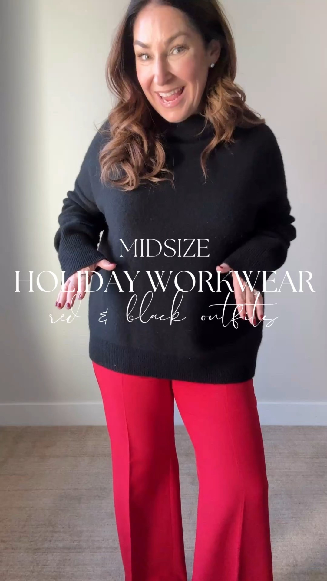 Holiday work outfits in red & black 

- Pants size up if in-between 12R // Cashmere sweater tts, L 
-Wearing L/XL in sweater, XL in skirt 

#LTKOver40 #LTKWorkwear #LTKMidsize