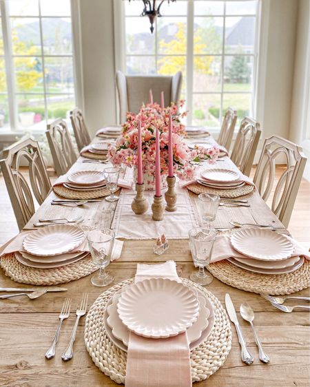 I like to add layers of texture and dimension to my table. Using neutral place mats and white or light pink dinner plates as my base here, then layer on pink salad plates to add interest and variety! Sharing sources to my favorites and similar:

#LTKSeasonal #LTKparties #LTKhome