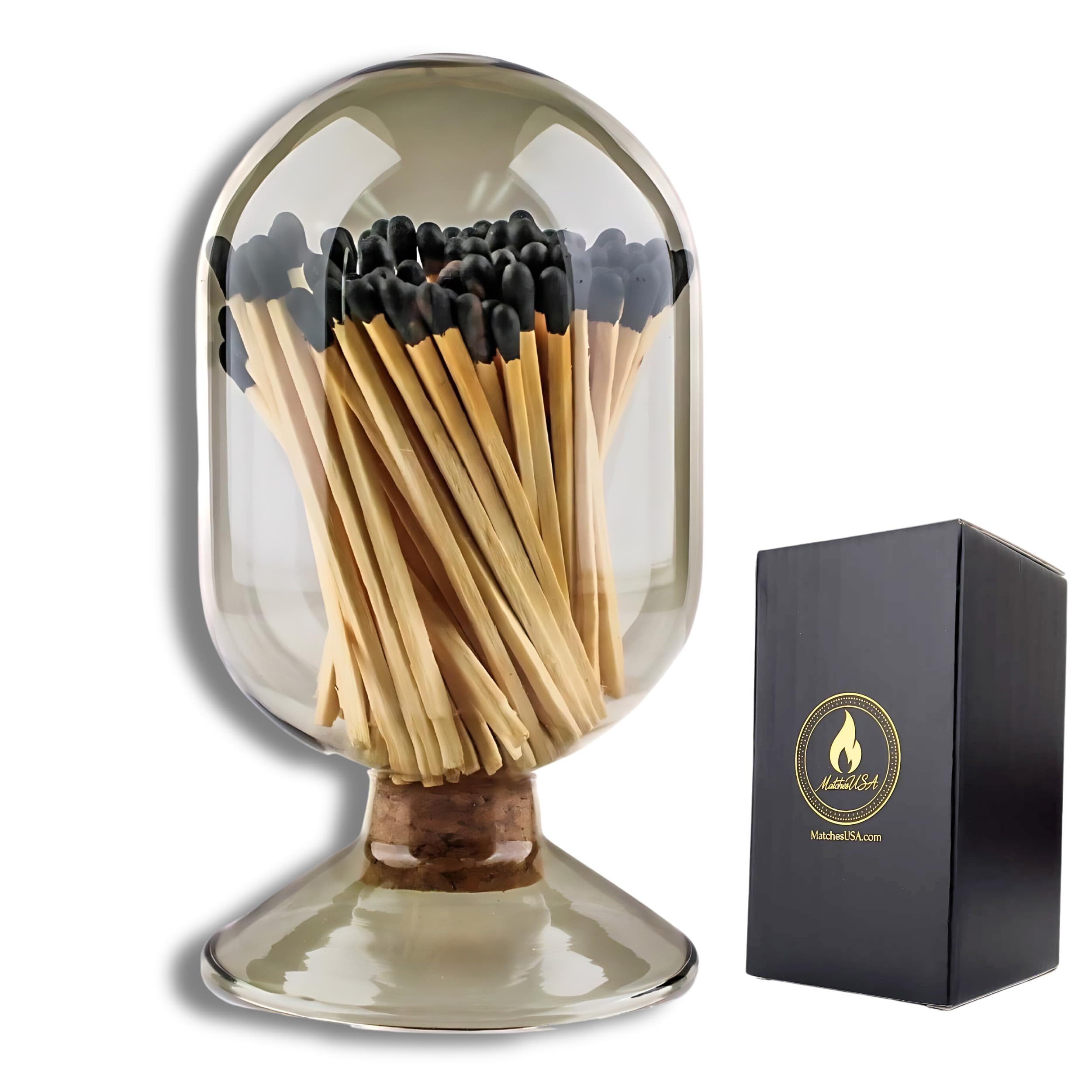 INCLUDES MATCHES ! | Smoke Gray Glass Matches Cloche | Grey Tinted Decorative Match Holder Jar fo... | Amazon (US)