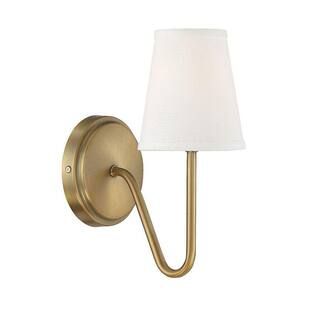 Savoy House Meridian 4.75 in. W x 11.25 in. H 1-Light Natural Brass Wall Sconce with White Fabric... | The Home Depot