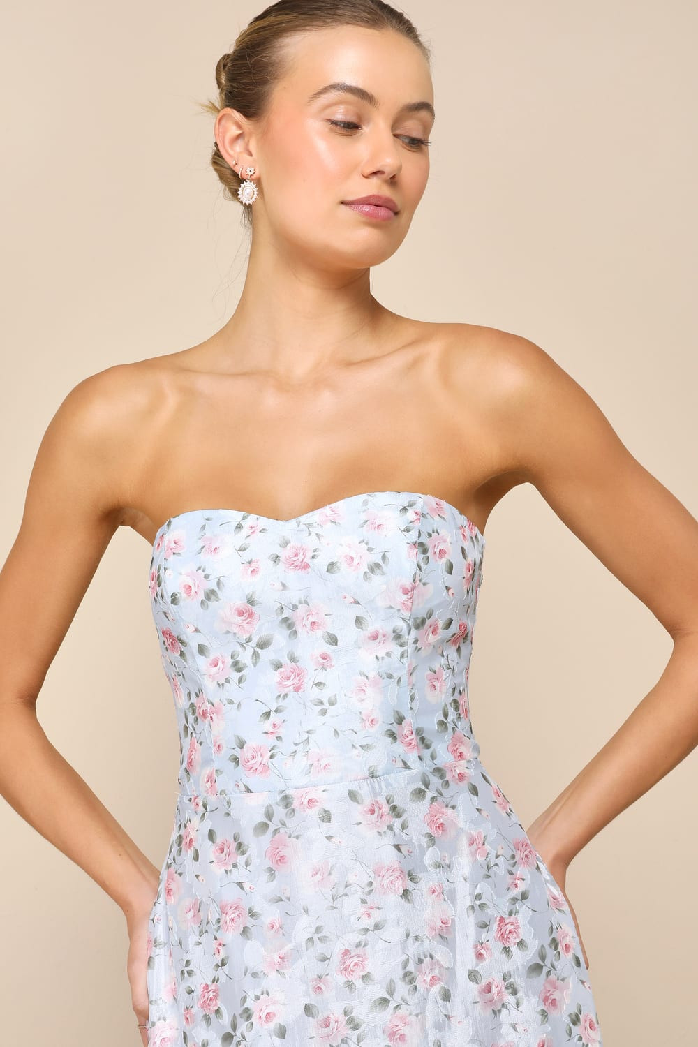 Gorgeous Desire Light Blue Floral Strapless High-Low Maxi Dress | Lulus