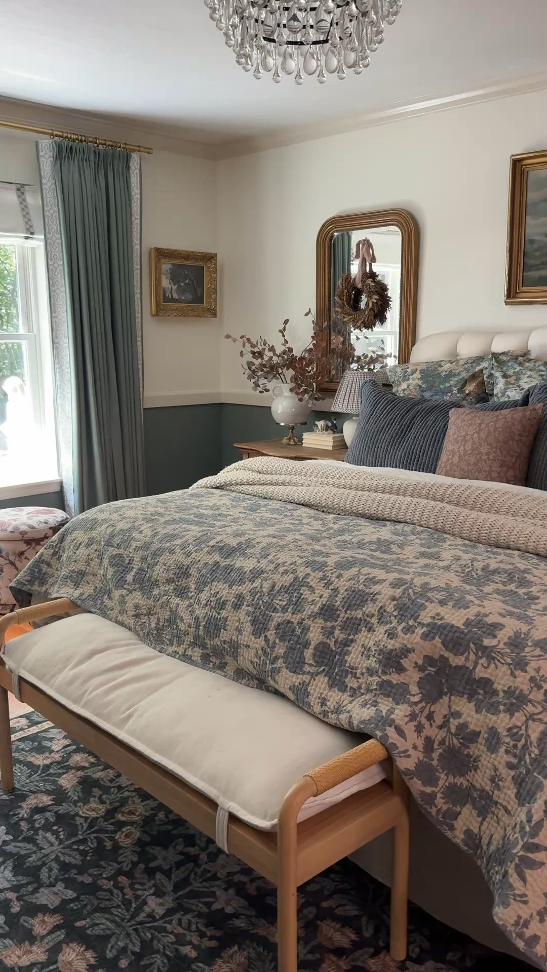 Bedding… reversible floral quilt, linen duvet, linen bedskirt, velvet scallop sham, custom linen curtains with border trim, crystal chandelier, Loloi rug, arched gold mirror, toile percale sham, chunky knit throw blanket

#LTKSeasonal #LTKHome #LTKSaleAlert