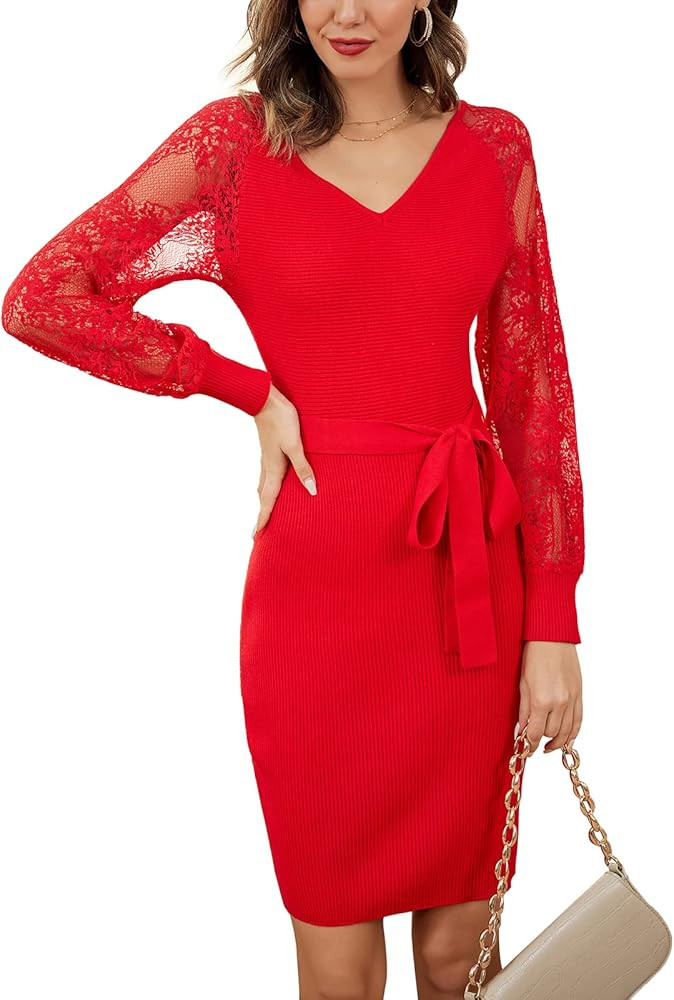 Kate Kasin Womens Lace Long Sleeve Dress Elegant V Neck Knit Bodycon Pullover Cocktail Dress with... | Amazon (US)