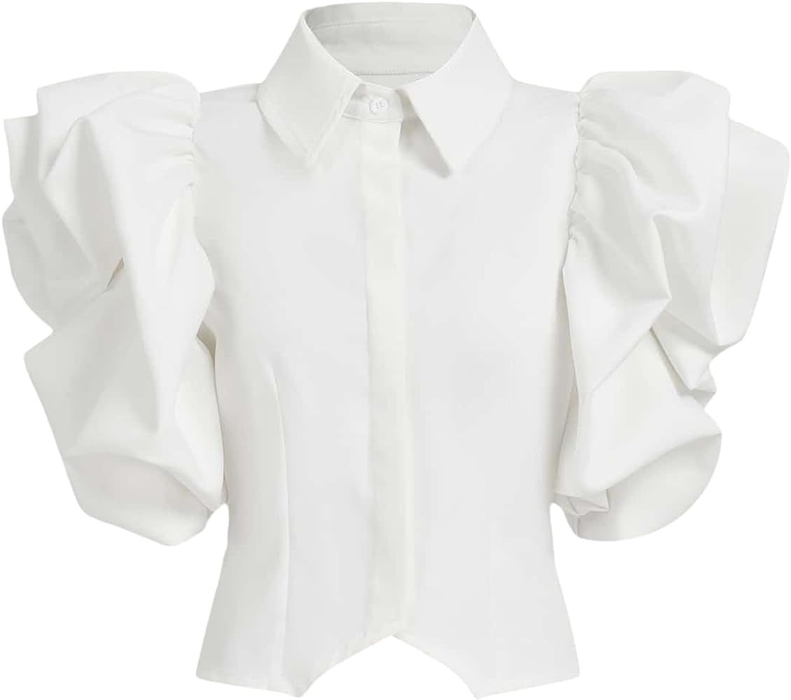 OYOANGLE Women's Elegant Button Down Ruffle Short Puff Sleeve Collared Neck Blouse Party Cocktail... | Amazon (US)