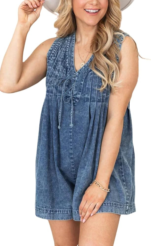 Womens Casual Sleeveless Tie Front Denim Romper Overall Shorts Summer Jean Romper With Pocket | Amazon (US)