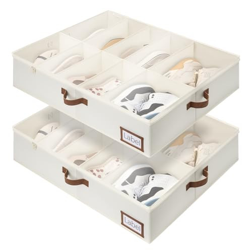 StorageWorks Under Bed Shoe Storage for Closet, 2-Pack Ultra-thick Fabric Shoe Organizer, Collapsible Shoes Containers with Bottom Support, Fits up to 32 Pairs, Beige | Amazon (US)