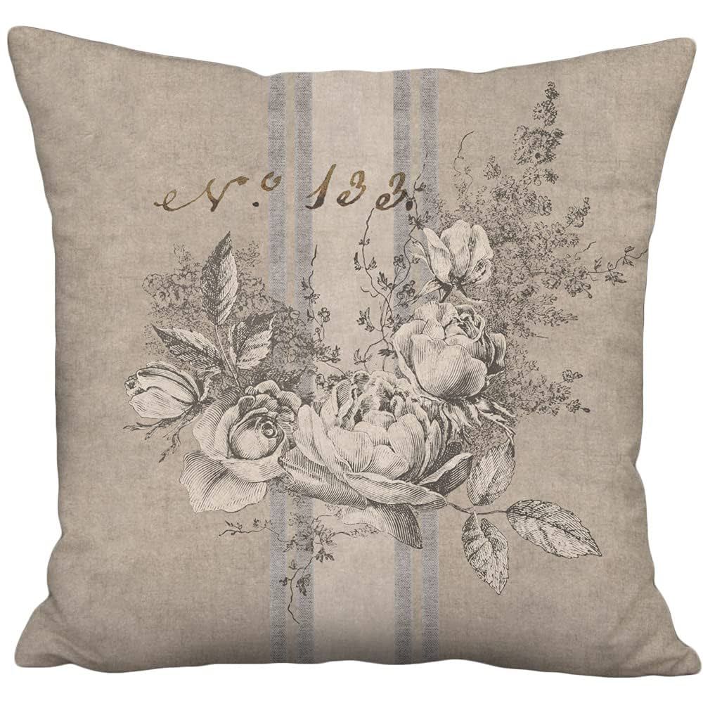 Rustic Rose Garland French Country Grain Sack Style Pillow Cover - 15x15 Inches - Fits 16 Inch In... | Amazon (US)