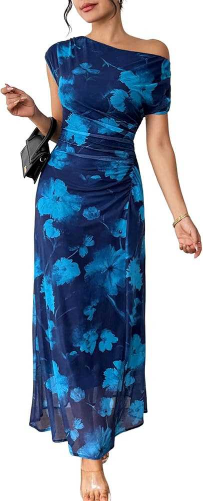 BLENCOT Women's Floral Off Shoulder Maxi Dress Ruched Bodycon Summer Wedding Guest Party Gown | Amazon (US)