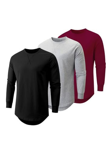 JMIERR Men's 3 Pack Cotton Hipster Hip Hop Longline Crewneck Long Sleeve T-Shirt, T Shirts for Men Pack, US 52(3XL), A-Black/Light Grey/Red | Amazon (US)