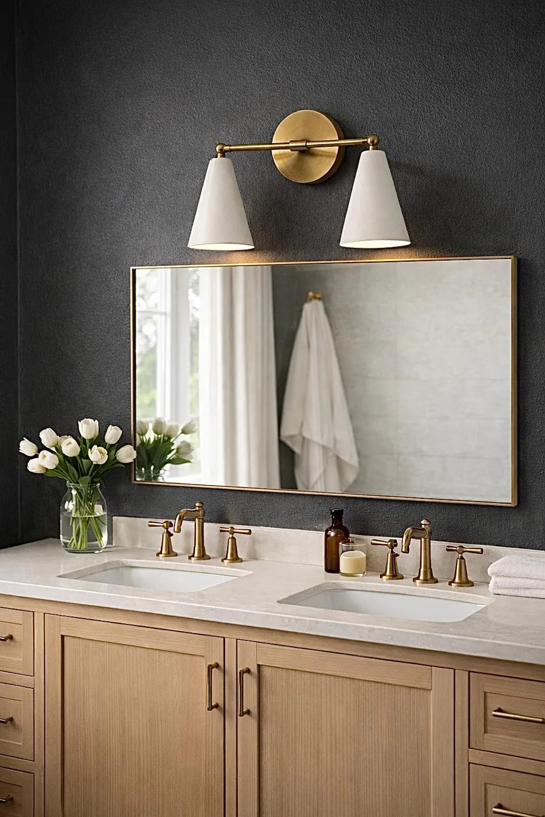 Mid Century Modern Brass Double Wall Sconce | Twin Cone Shade Lamp, Plug-in Brass Light | Etsy (US)