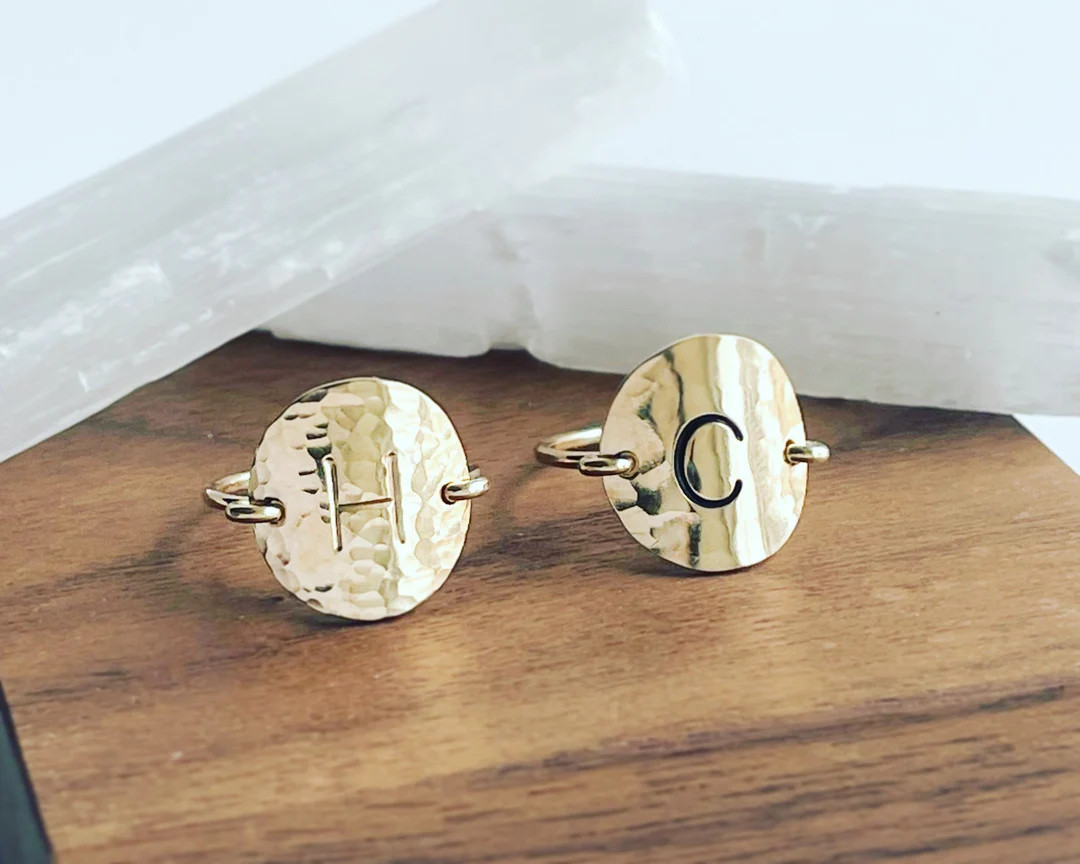 14K Gold Filled Initial Disc Ring, Disc Ring, Personalized Ring, Disc Ring, Name Ring, Word Ring,... | Etsy (US)
