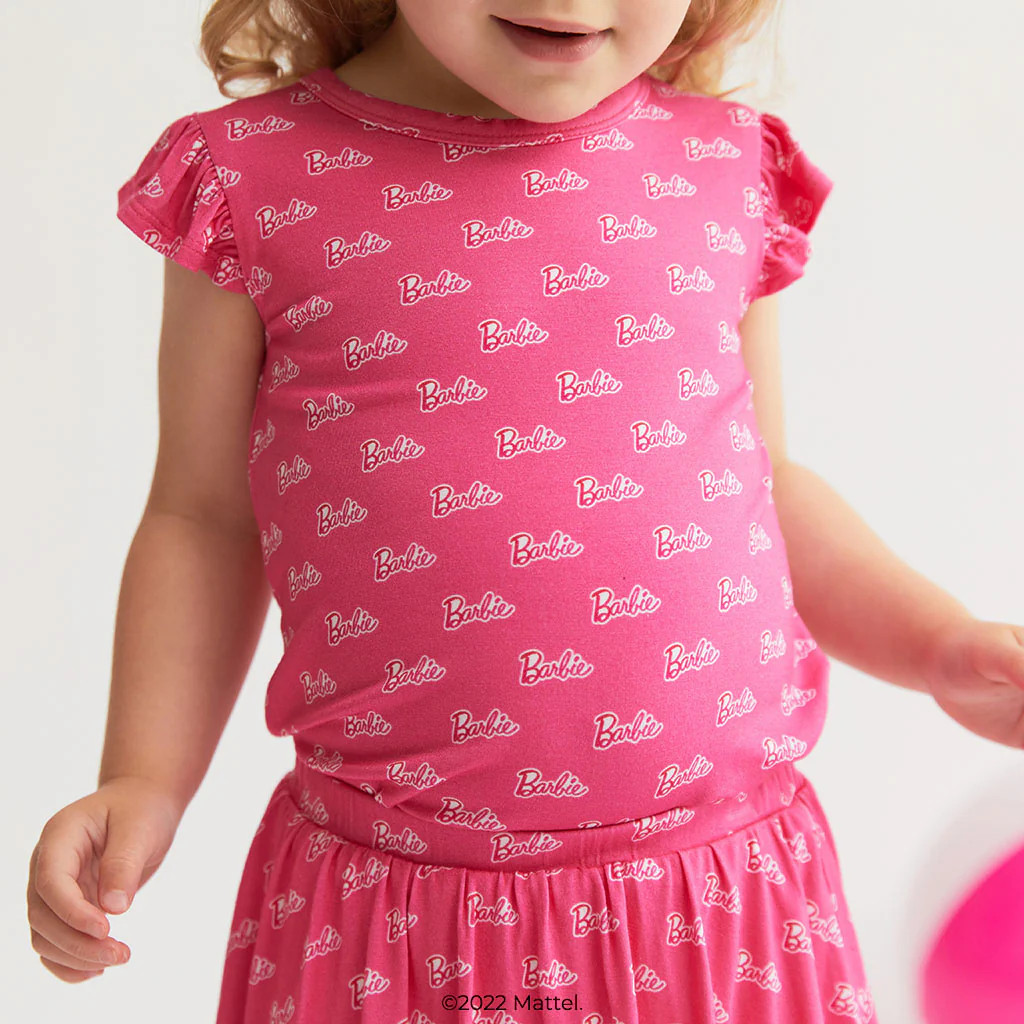 Pink Ruffled Cap Sleeve Toddler Girl Shirt | Barbie™ | Posh Peanut