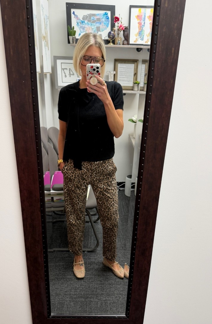Leopard is the new neutral! 

My top is from Oxknit. I love the bow detail and how it elevated the look of the top. I’m wearing an XS. 

Copy this link for a discount! 👇🏼👇🏼
https://www.oxknit.com/LEEANN15

My pants are from Loft, but they’re no longer available. I will link up some similar options. 

Same with my mesh flats.