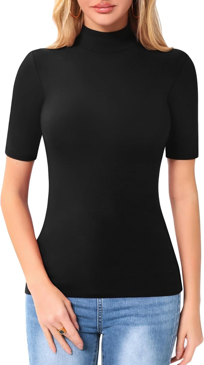 MANGOPOP Women's Mock Turtle Neck Slim Fit Half Elbow Short 3/4 Sleeve T Shirts Tight Tops Tee | Amazon (US)