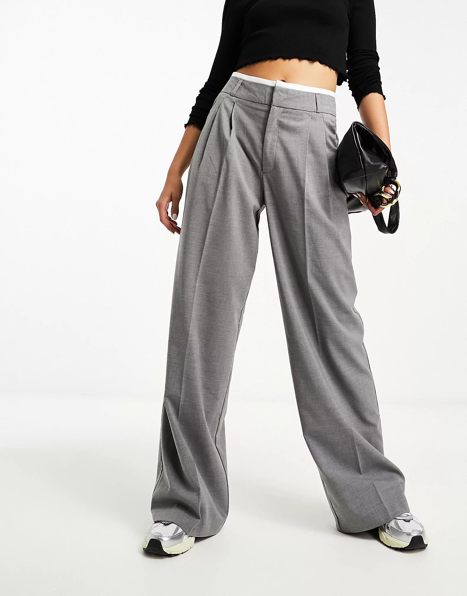 Stradivarius tailored wide leg pants with double waistband in gray | ASOS (Global)