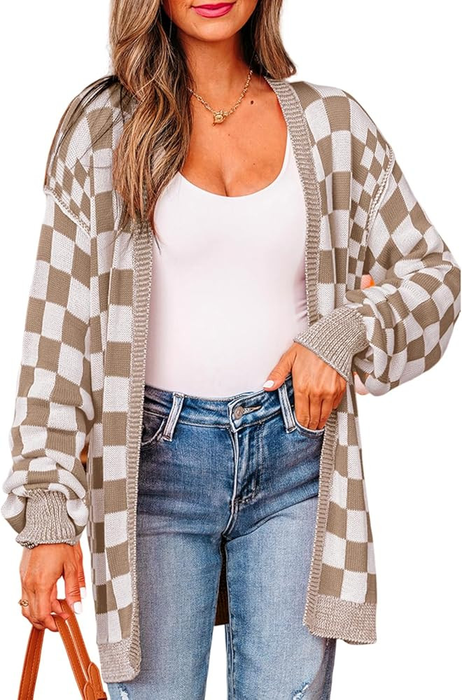 Oversized Checkered Cardigans for Women Color Block Open Front Lightweight Knit Cardigan Sweater ... | Amazon (US)