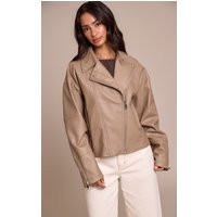 Petite Taupe Faux Leather Oversized Biker Jacket | PrettyLittleThing US