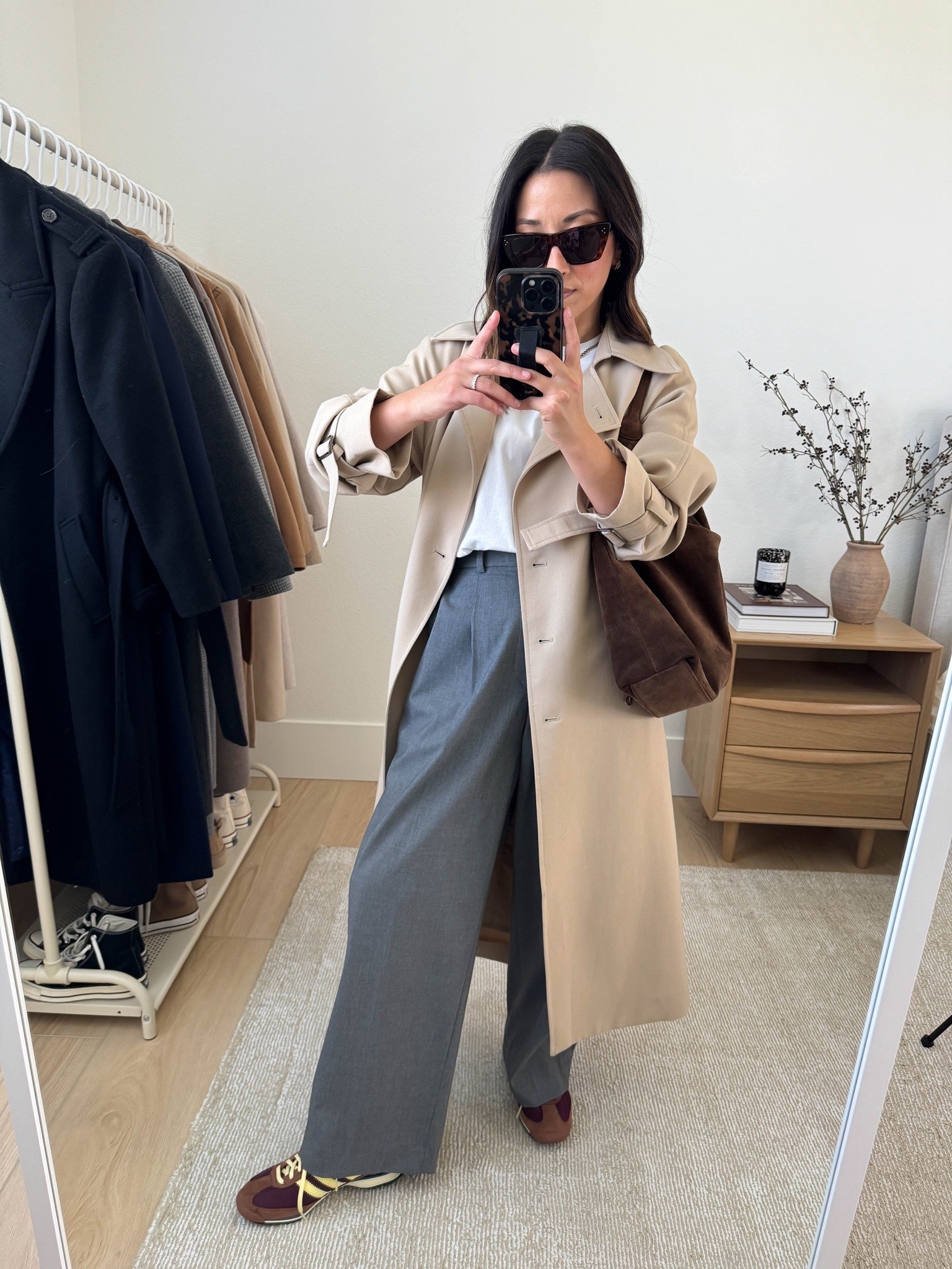 The Oak + Fort trench coat is my favorite trench and has been for a couple years now. It runs oversized, but I love the drape. Size down. 

Oak & Fort Trench xxs
Madewell tee xs
Uniqlo trousers small 25.5" inseam. Custom inseam
Adidas 72 OG sneakers 4 mens
Liffner Pillow Hobo
Celine sunglasses

Petite style, sneakers 

#LTKSeasonal #LTKPetite #LTKootd