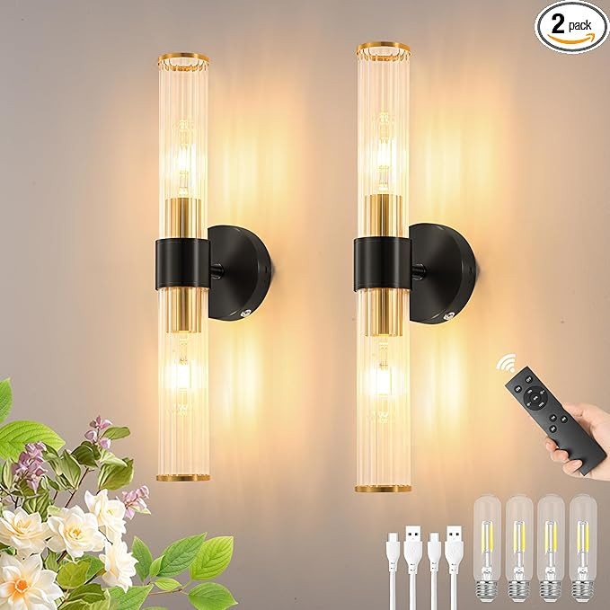 Black Gold Battery Operated Wall Sconces Set of 2, Rechargeable Wall Lights with Dimmable Remote ... | Amazon (US)