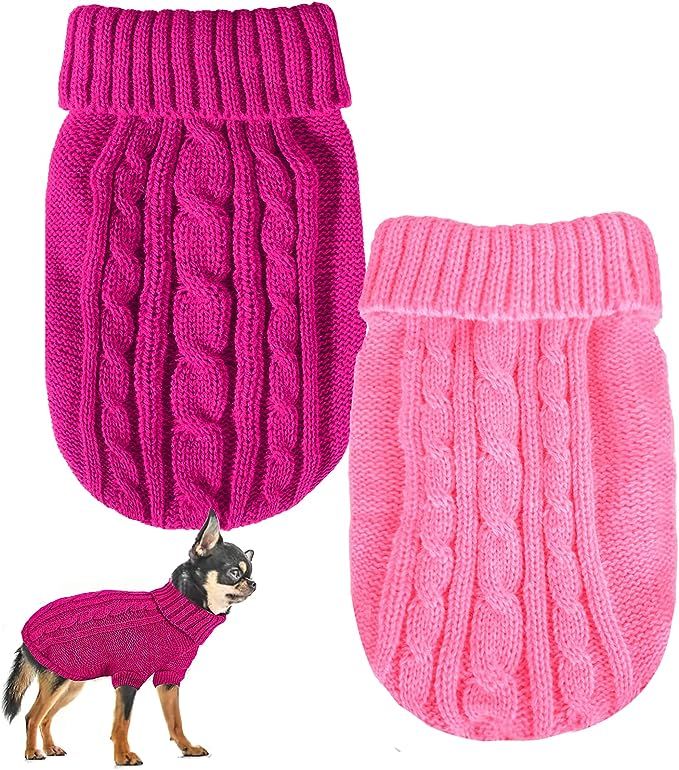 Set of 2 Dog Cat Sweater, Winter Warm Turtleneck Knitted Chihuahua Sweater, Girl Dog Clothes, Red... | Amazon (US)