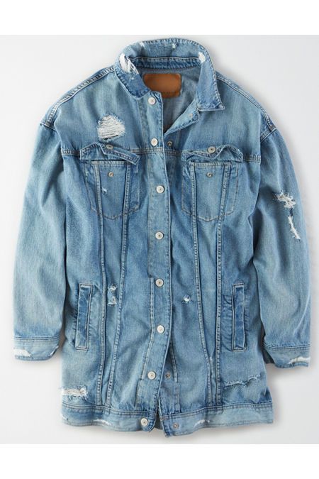 AE Long Boyfriend Denim Jacket Women's Blue XS | American Eagle Outfitters (US & CA)